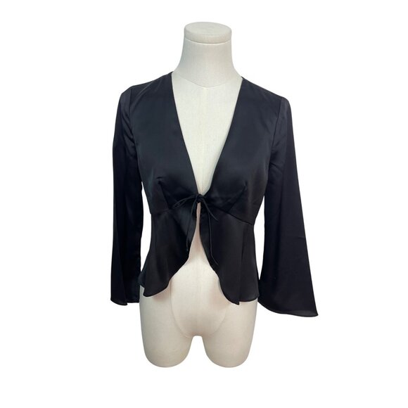 Albetine Black Satin Tie-Front Blouse Long Sleeve Size S - New - Picture 1 of 8